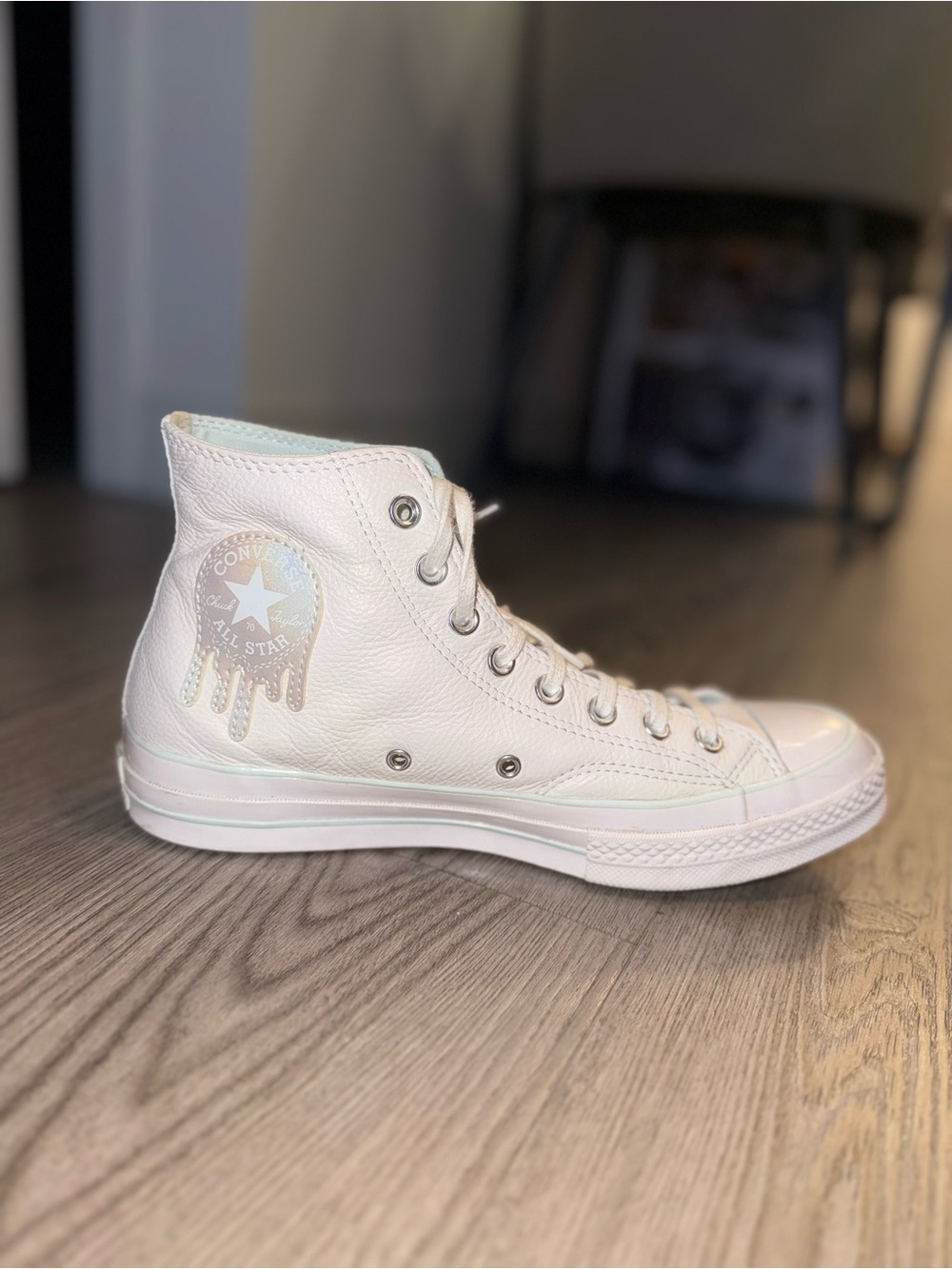 Converse High-Top Leather Sneaker with Iridescent Drip Logo (Unisex 10.5W/8.5M)